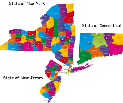 New York, New Jersey and Connecticut map